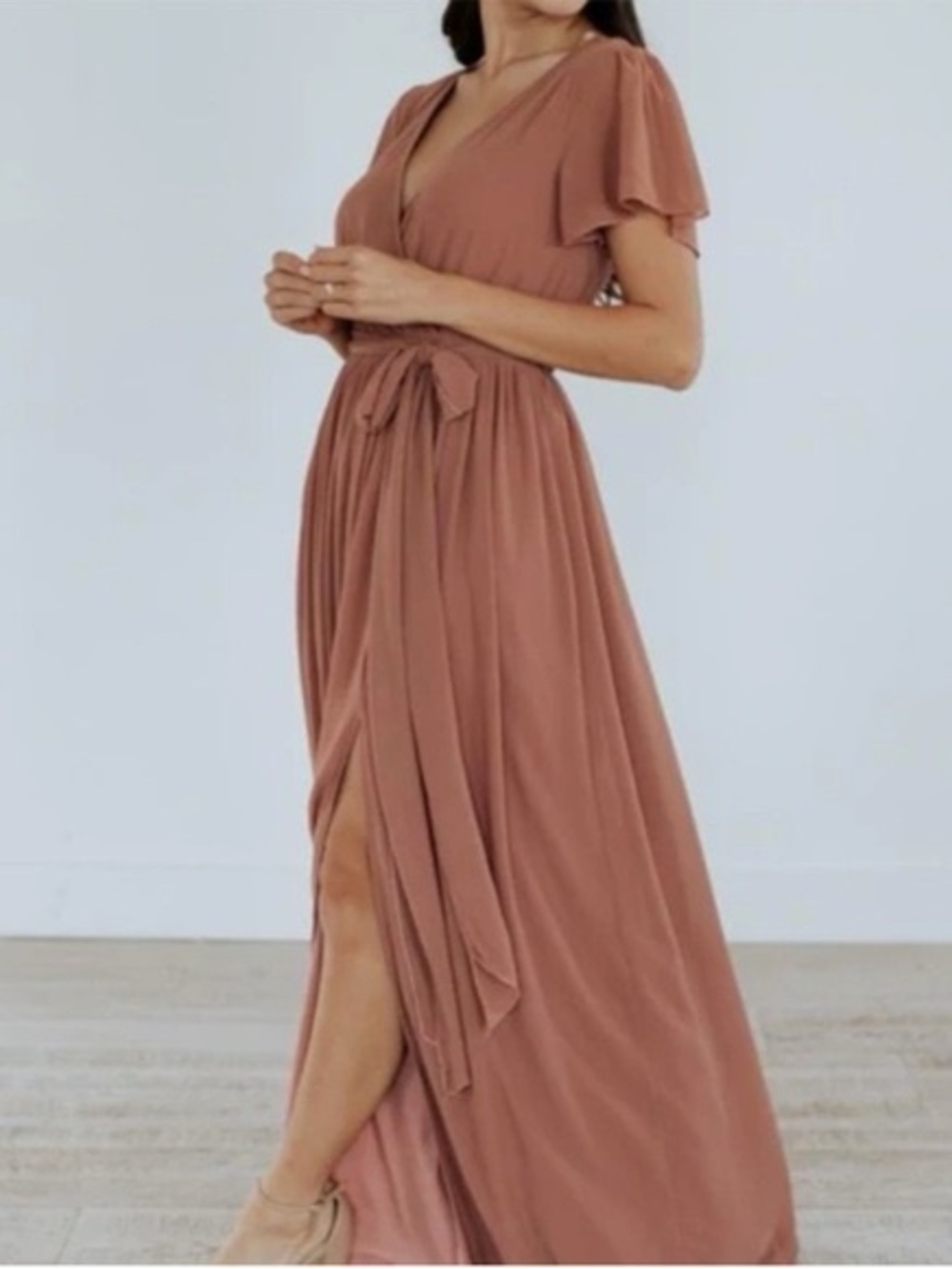 Baltic Born Chiffon Kristina Maxi V Neck Flutter Sleeve Dress in Rosey Brown NWT - Picture 2 of 9